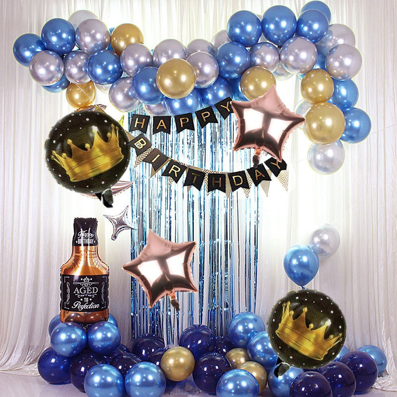 PARTY BREEZE blue golden silver happy birthday decoration combo kit with balloons , banner , curtain for boys, girls, adults(Set of 43)