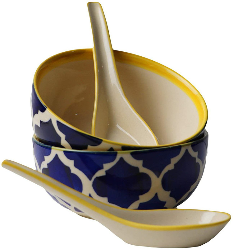 Dev Handicraft Ceramic Soup Bowl Ceramic Bowls with Spoons - 300ml, Set of 2, Blue(Pack of 2, Blue)
