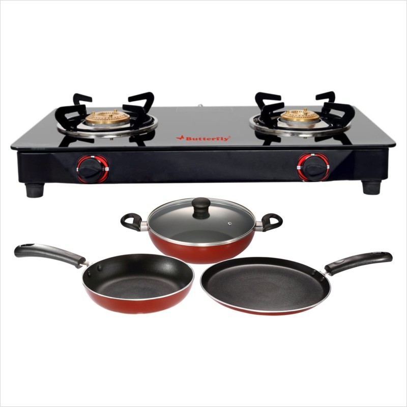Butterfly BUTTERFLY RAPID 2B GLASS TOP STOVE + 3 PCS NON STICK NON-INDUCTION COOKWARE SET Glass Manual Gas Stove