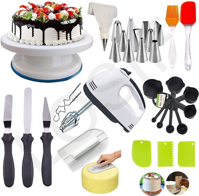 LOSIF All In One Bakeware Cake Combo Tools Cake Baking and making Tools Combo For Cake Decoration At Home, cake turn table,3 pc scrapper,3 in1 knife,nozzel set,spatula brush,black measuring spoon,smoother, Egg Beater High Speed 240-Watt Hand Mixer with 7 Speed High Speed (White) kitchen Tool Set (Mu