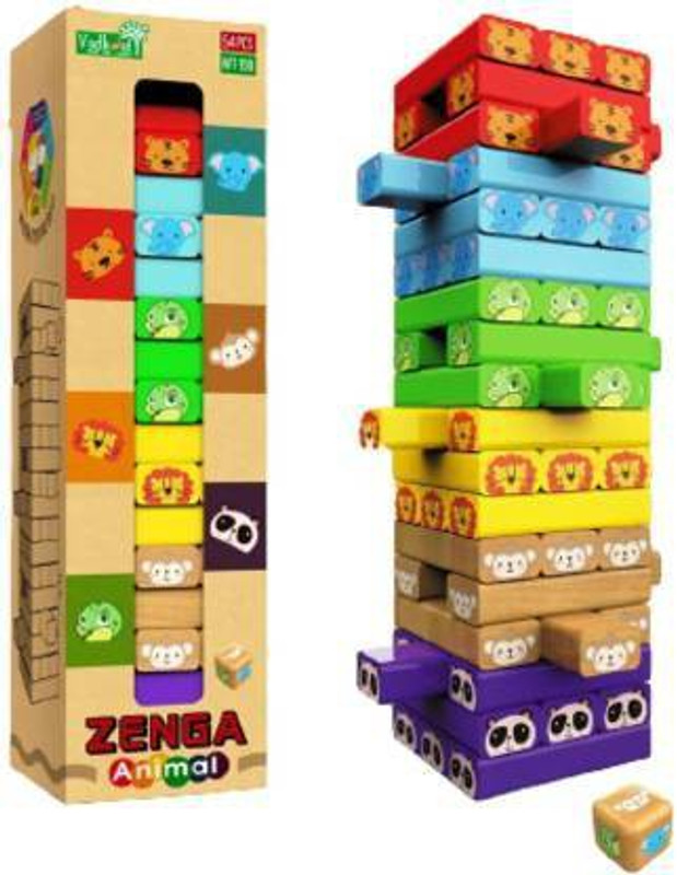 WHITE POPCORN Wooden Blocks 54 Pcs Colorful Wooden Tumbling Tower Zenga Game with Dices(Multicolor)
