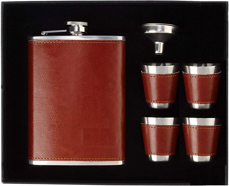 ANADI Stainless Steel and Stitched Leather Hip Flask 8 Oz (230 Ml) Liquor Hip Flasks 4 Shots Box Bottle with Funnel Stainless Steel Hip Flask(230 ml)