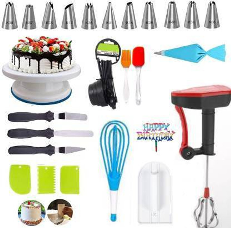 SHREE SADGURU CREATION Bakeware Cake Combo Tools Cake Baking and making Tools Combo For Cake Decoration At Home, Kitchen And Store Kitchen Tool Set Cake Tools Round Easy Rotate Turntable + 12 Piece Piping Bag Nozzles Cake Decorating Tool Set Frosting Icing Cream Syringe Piping Bag Tips With Steel No