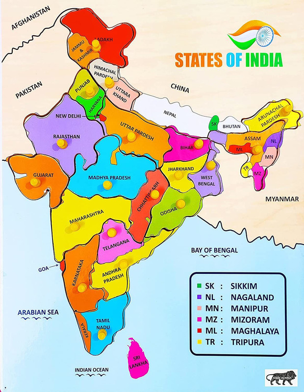Khilonewale India map with states and Capital wooden puzzle with Knobs(Multicolor)