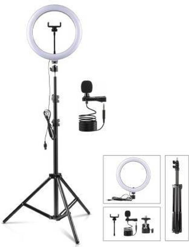 ADZOY 6.9' Strong Metal Tripod, 10" Ring Light of 3 Modes & Metal Collar Microphone Ring Flash(Black)