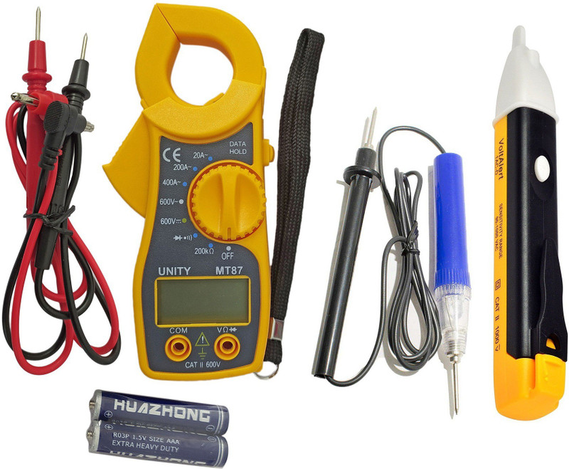 DUMDAAR Mini Pocket-Sized 1pc Digital Clamp Meter Electronic Tong Tester Clamping Meter Digital Multimeter with 1pc Non Voltage Alert 1pc and Continuity Tester (Pack of 3pc) Digital Multimeter(Multicolor 2000 Counts)