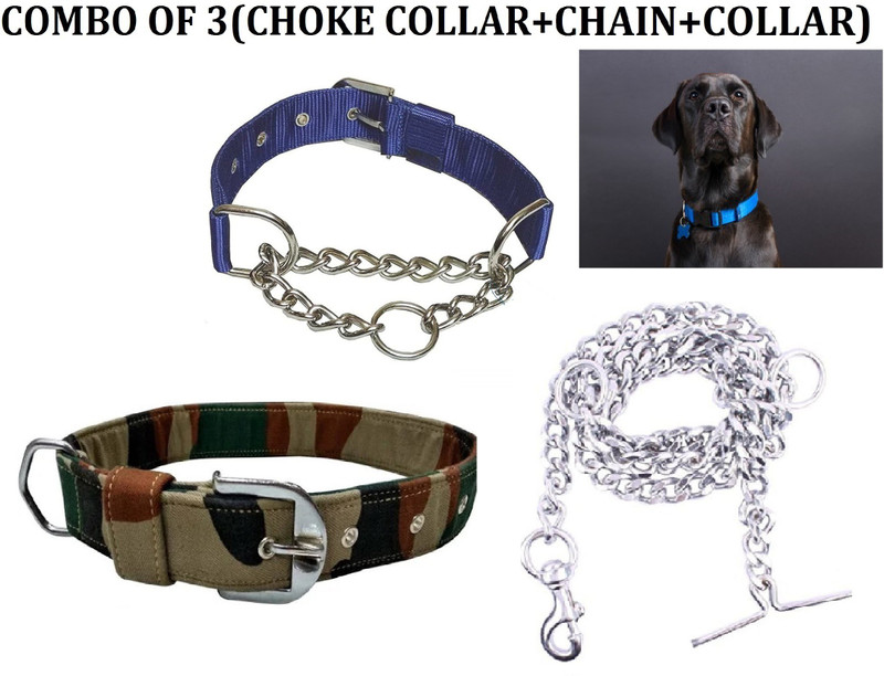 Hachiko Premium Quality Dog Body Belt Choke Collar+Chain+Collar For All Small Breed Dogs.(Combo of 3) Dog Collar & Chain(Small, Blue,Army)