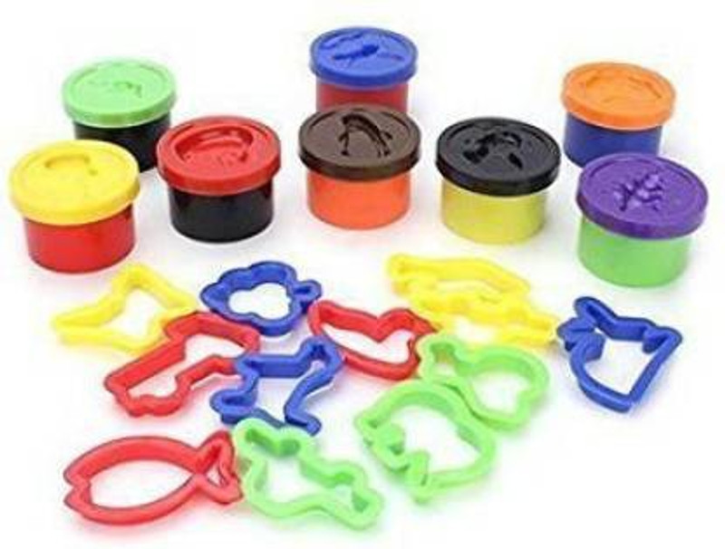 WHITE POPCORN Eight TUBS Coloured Clay Dough with 12 PCS Plastic Moulds Multicolor Putty Toy