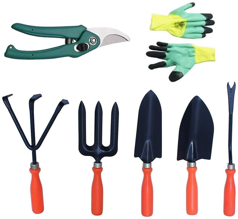 JetFire Gardening Set of 5 With Scissor, Prune Gloves (Wooden) Garden Tool Kit(8 Tools)