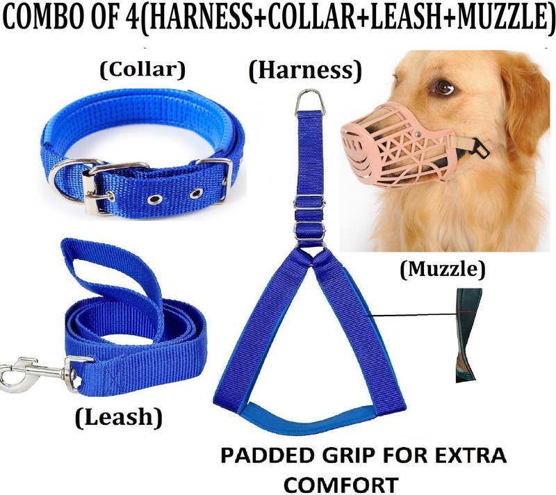 Hachiko Best Quality Dog Padded Belt Harness+Leash+Collar+Dog Mouth Muzzle(Combo of 4) Dog Harness & Leash(Large, Black)