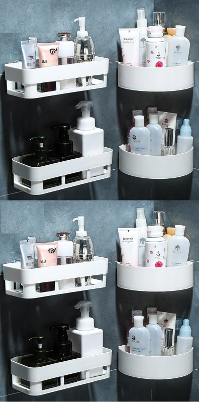 Qrex Pack Of 8 ABS Plastic Multiperurpose Home Kitchen Bathroom Accessories Traceless Self Adhesive Wall Mounted Bathroom Shelves And Triangle Corner Holder Stick for Shampoo; Conditioner Shower Caddy Rack Shelf with Strong Adhesive Magic Sticker (4 Bathroom Shelves + 4 Triangle Corner Holder,WhiteC
