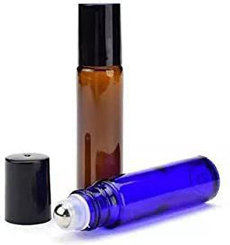 JARBAZAAR 2 Amber + 2 Blue Glass Roll On Bottles With Black Cap For Essential Oils 4 pcs 10 ml Glass Spray Bottle(Pack of 4, Blue, Brown)