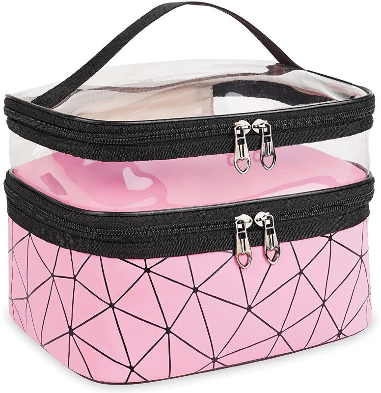 TradeVast Makeup Bags Double Layer Travel Cosmetic Cases Make up Organizer Toiletry Bags-Pink Makeup Vanity Box(Pink)