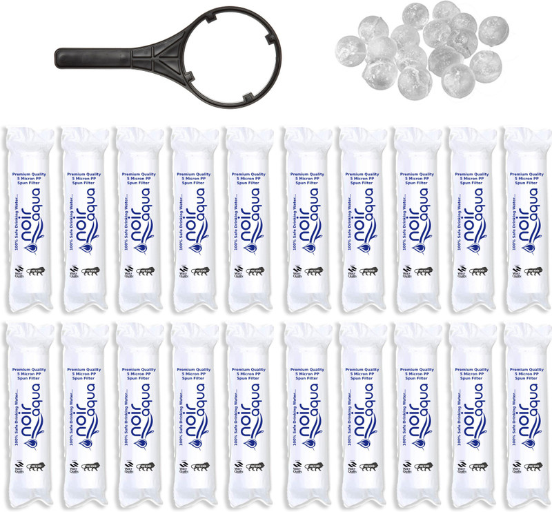 Noir Aqua 20pcs 10” PP Spun Filter Cartridge Candle + 1 Spanner + 4pcs Antiscalent Balls | Suitable For All Types Of Ro Water Purifier - RO Spun Filter Cartridge Water Filter Candle Solid Filter Cartridge(0.5, Pack of 25)