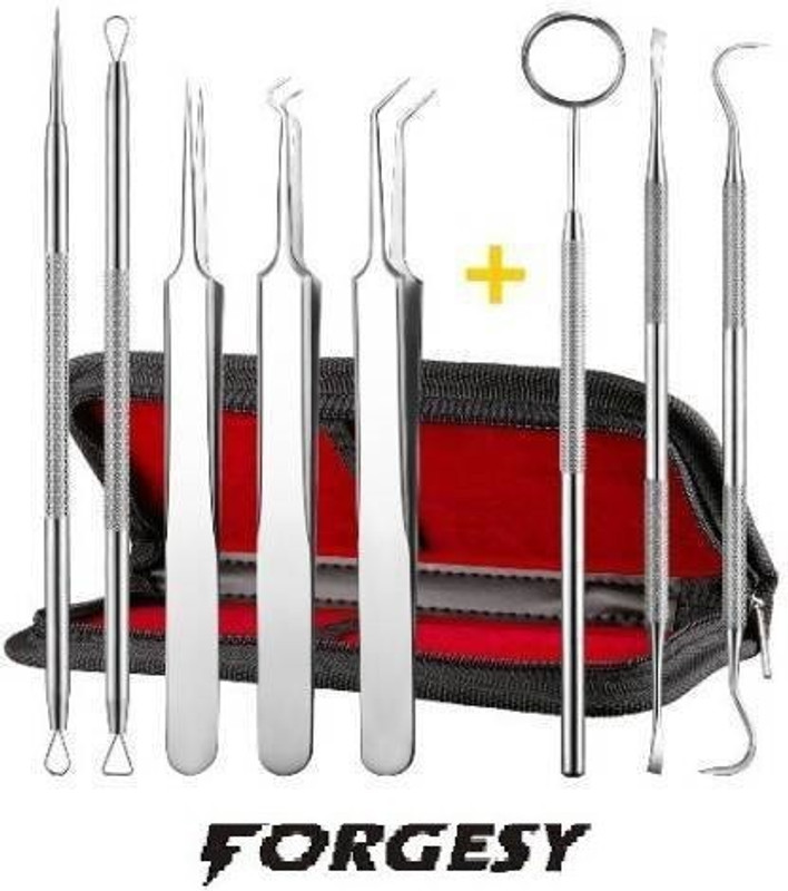 Forgesy 8 Pieces Blackhead Remover Tweezer Kit & Dental Tools, Blackhead Tools for Comedone Extractor Whitehead Acne Blemish Pimple Remover, Dental Pick, Tartar Plaque Remover, Dental Set for Oral Care Dental Implant