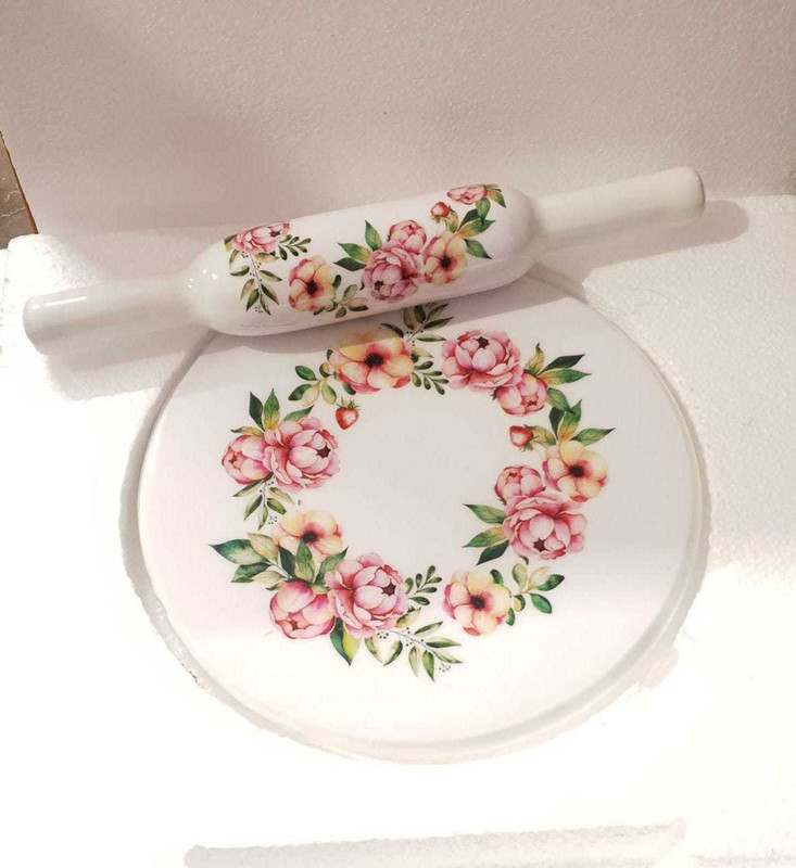 Indian Design Handicrafts Printed Design Handicrafts Marble Chakla Belan set Rolling Pin and Board /Roti Maker Rolling Pin & Board(White, Pack of 1)