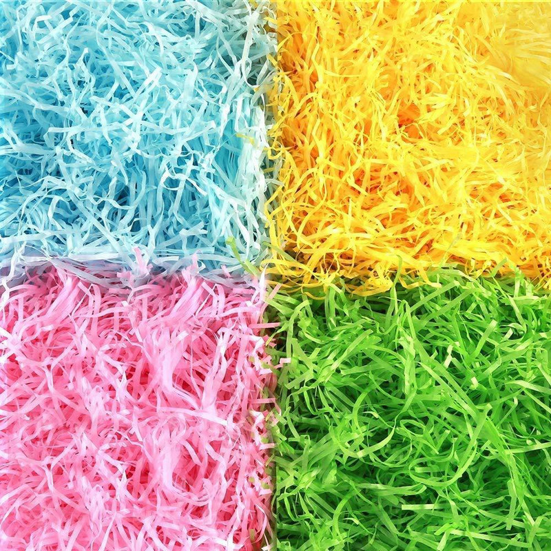JHINTEMETIC 100 GR. each of Mint Green, Rose Pink, Lemon Yellow & Sky BluePaper Grass for Crafts Project Gift Packing, Packing of Gifts for Marriage, Christmas, Baby Shower & Any Other Occasion or Party (each of Mint Green, Rose Pink, Lemon Yellow & Sky Blue)
