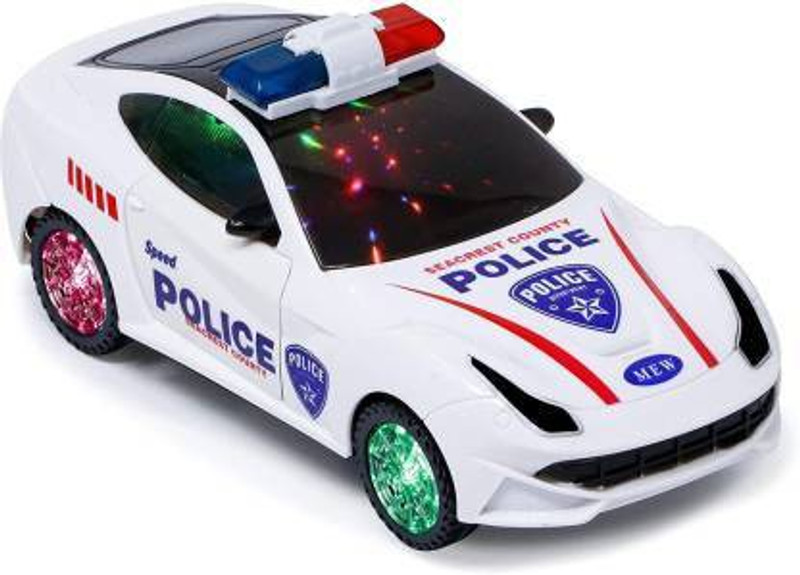 WHITE POPCORN 360 degree rotating police dancing car with 3d flashing led light, music,bump n go action & openable door || musical toy car for kid(Multicolor)