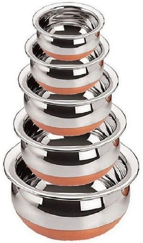 Masox Store Cook Serve Handi Kitchen Stainless Steel Copper Bottom Cooking Serving Biryani, Cookware Set(Stainless Steel, 5 - Piece)