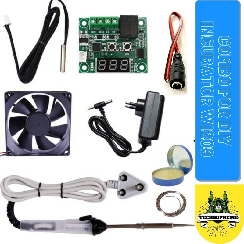 TechSupreme Best Combo for DIY Incubator W1209 12V DC Digital Temperature Controller Board with 12v 2amp Adapter and 3 inch fan 25W Soldering Iron, Soldering Wire, Soldering Paste 1 DC Connecter Electronic Components Electronic Hobby Kit