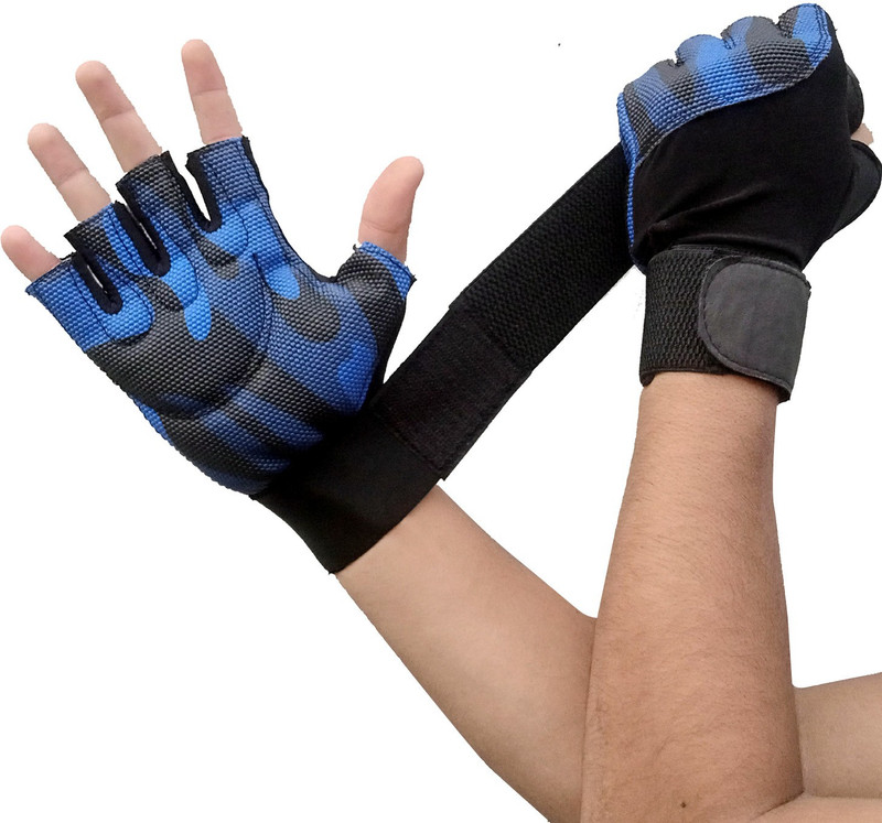 DreamPalace India Gym Gloves With Wrist Support For Workout With Rubber Padded Grip Gym & Fitness Gloves(Blue)