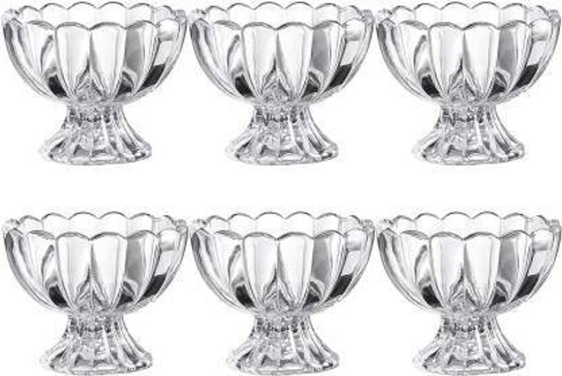 PINJAS Glass Dessert Bowl Crystal Cut Glass Flower Shape Ice Cream Bowl(Pack of 6, Clear)