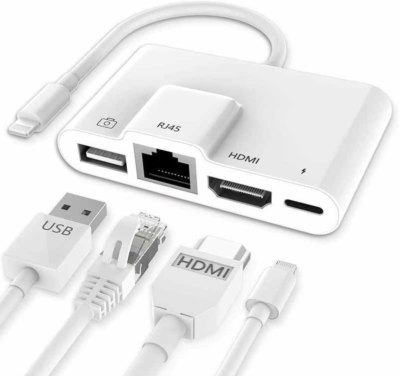 microware RJ45 Ethernet LAN Wired Network Adapter?1080p HDMI Digital Audio AV Adapter, USB OTG Female Connector Data Sync and power port Compatible with Phone 11/11 Pro/XS Max/XS/XR/X 8 /plus Card Reader(White)