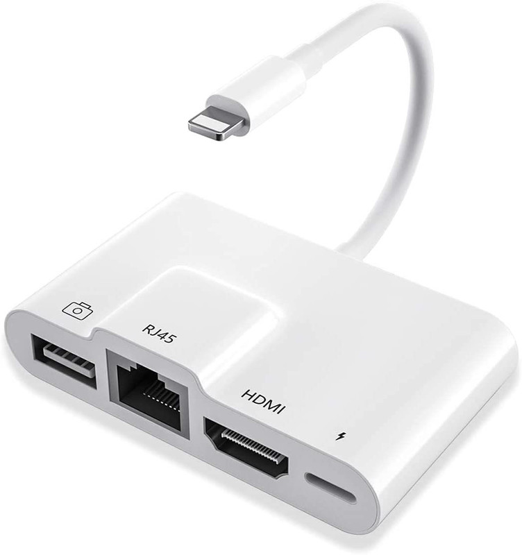 microware Digital AV Adapter HDMI 1080P / USB Camera Adapter/ RJ45 Adapter with Charging Port/4 in 1 Adapter Compatible with iPhone/iPad/TV/Monitor/Projector/Keyboard/Mouse Card Reader(White)