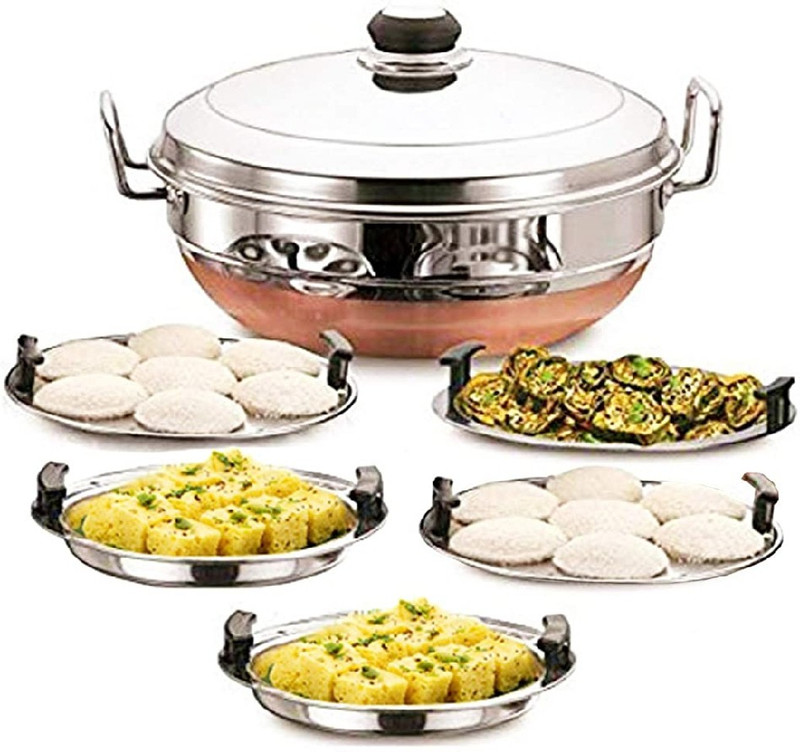 Silvester Kitchen King All-in-One Stainless Steel Idli Cooker Multi Kadai Steamer with Copper Bottom Pot Set Includes, Big Size 5 Plate (Copper Bottom) Standard Idli Maker(5 Plates , 14 Idlis )