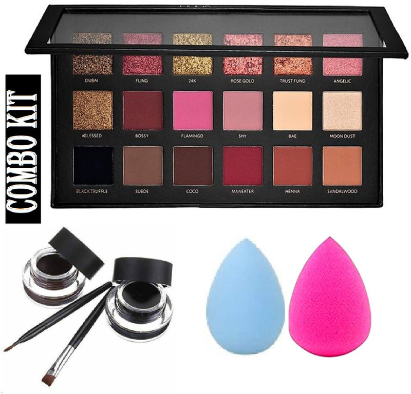 Hudabird 2 Pcs Makeup Sponge Puff With Rosegold Remastered Eyeshadow and ( Black , Brown