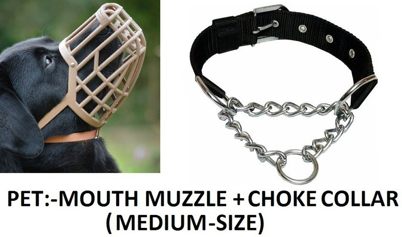 Hachiko High Quality Dog Muzzle Adjustable Proper Fetting For Dog Muzzle+Chain+Collar For All Medium Breed Dogs.(Combo of 3) (Medium) Medium Other Dog Muzzle(ARMY,BROWN,STEEL)