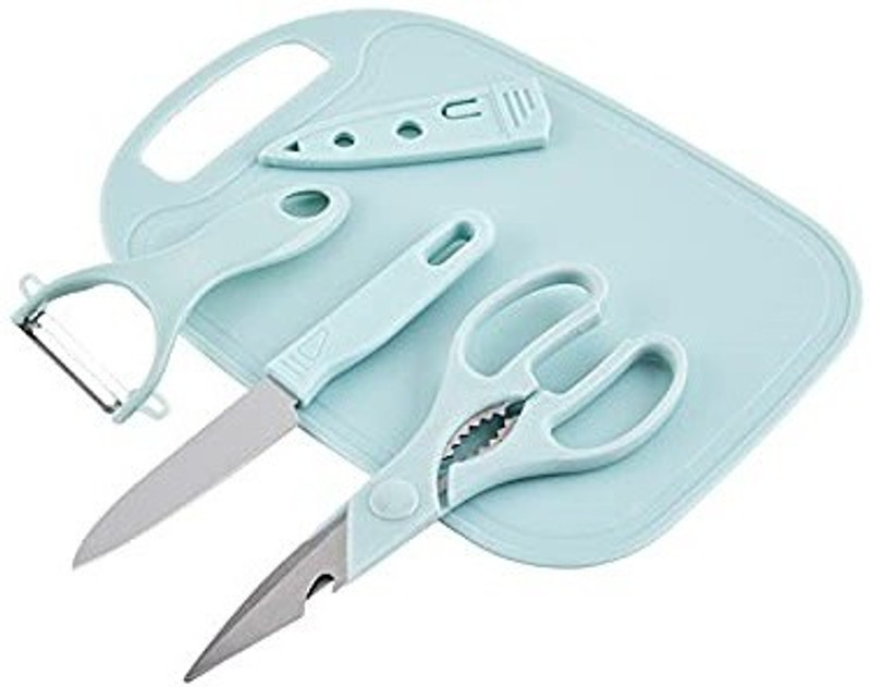AlexVyan 4 Pcs Fruit Knife Sets Paring Knives Chopping Boards Fruits Peeler Suits Kitchen Cooking Vegetable Ceramic Knife Tools Plastic, Stainless Steel Cutting Board(Blue Dishwasher Safe)