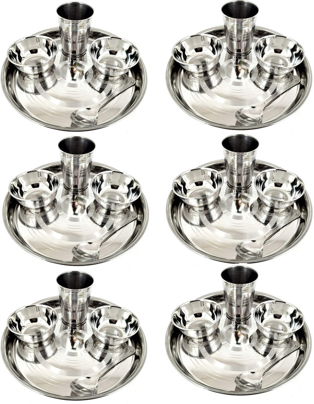 RBGIIT Pack of 30 Steel Brand of Happiness Stainless Steel Thali Bhojan Set of Dinner Plate, Katori Bowl, Glass, Spoon Stainless Steel Dinner / Lunch Guest Serving Food Decorative Bhojan Thali Dinner Table Suitable All Places And Function Dinner Sets Dinner Set(Steel, Microwave Safe)