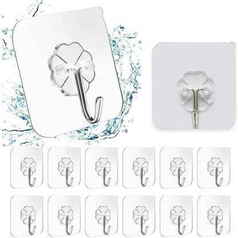 WAIT2SHOP 12 Pcs Self Adhesive Wall Hooks, Heavy Duty Sticky Hooks For Hanging 10KG (Max), Waterproof Transparent Adhesive Hooks For Wall, Wall Hangers For Hanging Kitchen Bathroom Bedroom Accessories Hook/Strong Adhesive Hook Wall Door Sticky Hanger Holder For Kitchen Bathroom Hook Hook 12(Pack of