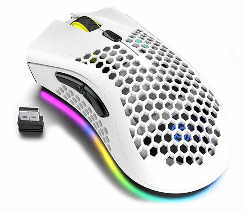 Etzin Lightweight Gaming Mouse, Honeycomb Design Rechargeable Wireless (White) Ambidextrous Hybrid  Gaming Mouse(2.4GHz Wireless, White)