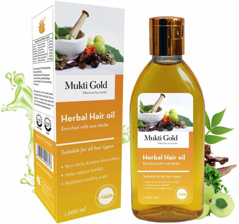 AXIOM Mukti Gold Herbal Hair Oil (200 ml ) | Family Pack | Enriched With Amla, Bhringraj, Brahmi, Shikakai, Neem, Gudhal & Jatamansi | Suitable For All Hair Types | Non-Sticky & Extra Shine effect | Helps Reduce Hair fall | Maintains Healthy Scalp Hair Oil(200 ml)