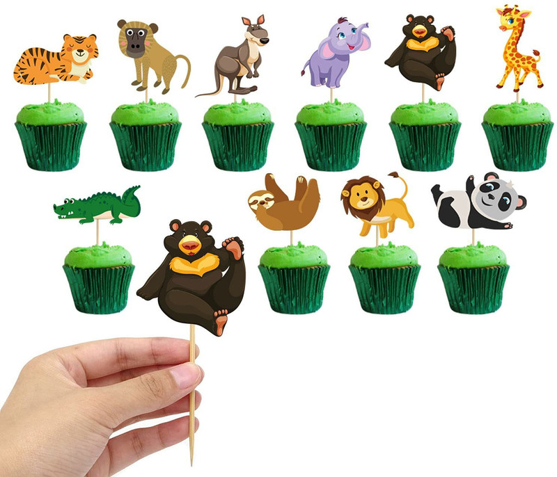 ZYOZI 10 Pcs Animal Safari Jungle Cupcake Toppers Zoo Theme Party Decorations Birthday Party Animals Cake Picks Baby Shower Supplies Kids Forest Themed Party Decoration Animals Centerpiece Sticks Set Cupcake Topper(GREEN, YELLOW Pack of 10)