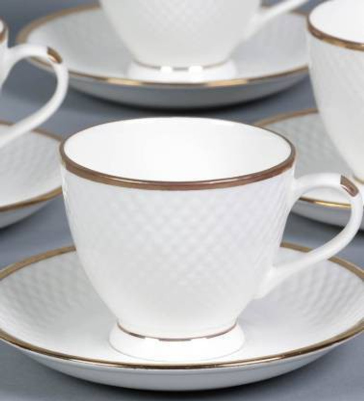 Namaste Kitchen Pack of 12 Bone China Best 12 Bone China White gold line tea coffee cup saucer(White, Cup Set)