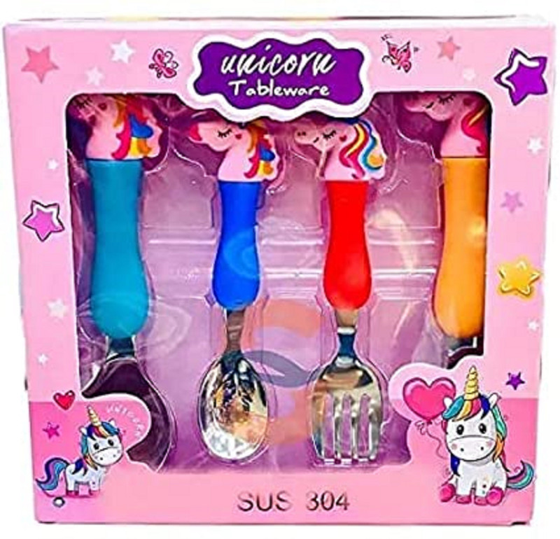 Goraiya International Kids Cutlery set |Unicorn 4 in 1 Stainless Steel Fork and Spoon Set | Children's Cutlery Set Stainless Steel Serving Fork(Pack of 1)