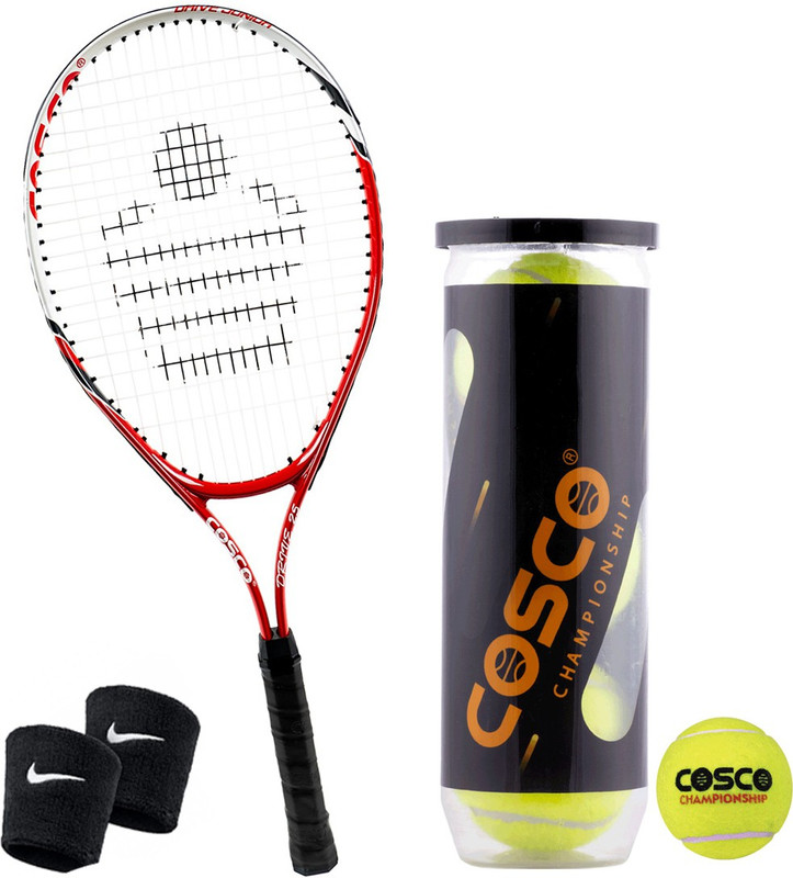 COSCO Junior Size, Aluminium Tennis Racket (23 Inches) With Tennis Ball Pair Wrist Band Multicolor Strung Tennis Racquet(Pack of: 1, 245 g)