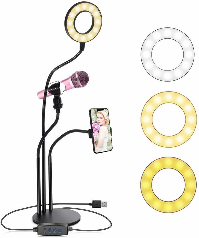 TULUA Flash Light 3-in-1 Professional Live Stream Kit with 3-Tone Ring Flash + Mobile Holder & Mic Holder Mounts Along with Table Base Support for... Ring Flash(Black)