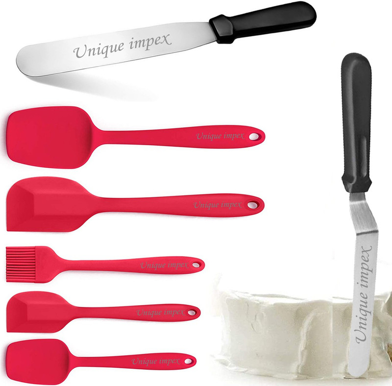 Unique Impex Non Stick Silicone Spatula, 5 Piece Rubber-Silicone Spatula/Spoons/Brush Set 450ºF Heat Resistant for Nonstick Cookware Baking Cooking Mixing, Healthy & Non Toxic, Seamless One Piece & Non Stick - Easy to Clean Dishwasher Safe - 2 Pcs ( Palett + Angular-13 inch Knife) Multi-Function Sta
