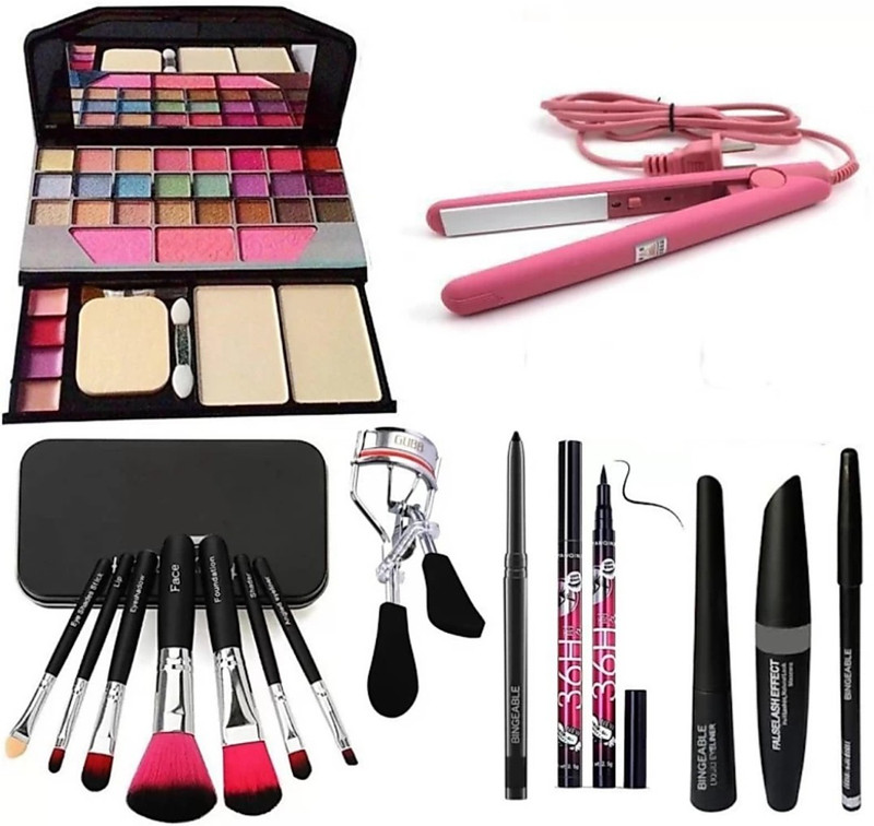 Hezruck BLACK Smudge Proof Kajal,3in1 Combo set,36h Eyeliner,Curler,Set of 7 BLACK/PINK Makeup Brushes,All in One Best Makeup kit 6155 (Eyeshadow,Blusher,Compact,Lip Gloss) & Professional Hold/Styling Mini Hair Straightener (9 Items in the set)