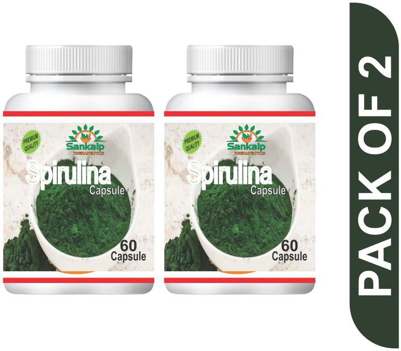 sankalp therapeutics Spirulina Capsules For Helps control Red Blood Cells and Iron Deficiency and Richest source of vitamin B1, B2, B3, B6, B12 pack of 2(Pack of 2, 120 Capsules)