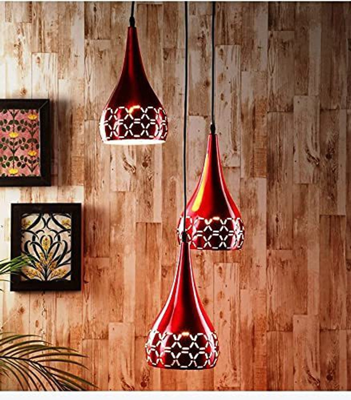 HomesElite 3 Cluster Metal Cluster Decorative Ceiling Hanging Pendant Light Modern Lighting Roof Lamp Chandelier Vintage Lamp jhar Unique Wall For Hall Dining Kitchen Living Room Hallway (Red Color) (Bulb Not Included) Chandelier Ceiling Lamp(Red)