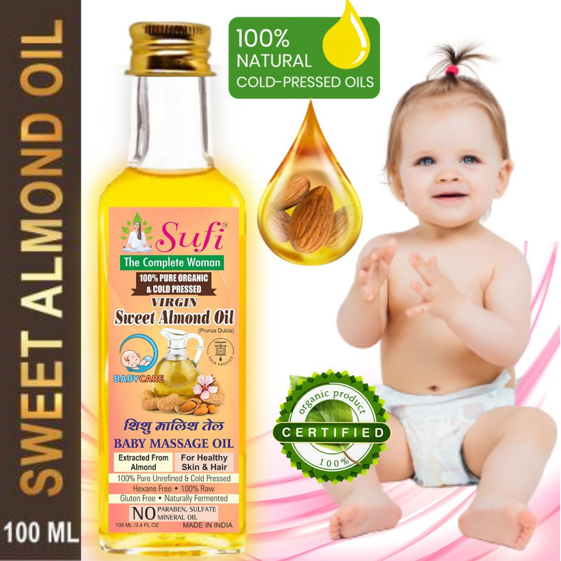 sufi New Advance Virgin Sweet Almond Baby Massage Oil. Organic! 100% Pure & Cold Press ! Natural Almond body massage oil is used to massage your little ones strengthens the bones, and boosts weakness and sickness. Almond massage oil babies made from unsaturated fats, nutrients, supplements, and requ