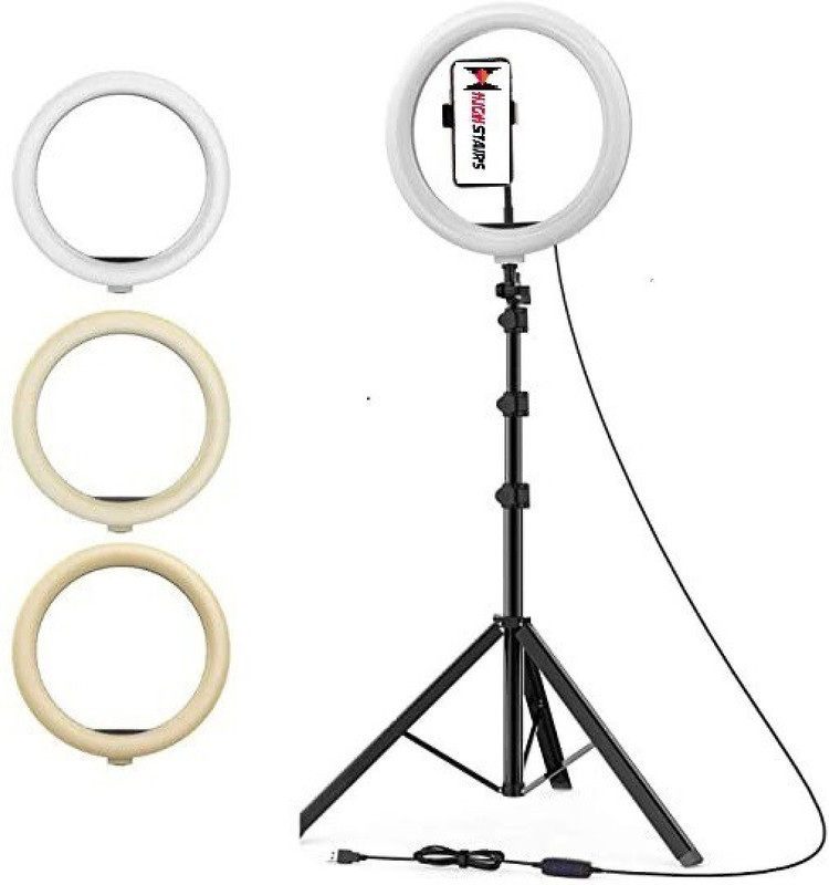Kankali 10 inch Big LED Selfie Ring Light with 7 Feet Extendable Tripod Stand with 3 light mode(white, warm, yellow) Ring Flash Tripod, Tripod Ball Head, Tripod Clamp(Black, White, GRAY, Supports Up to 300 g)