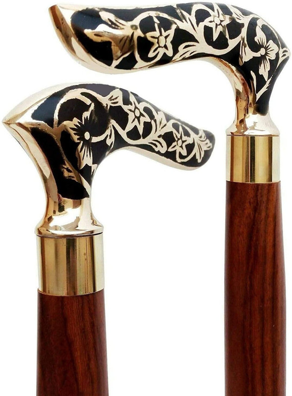 forest craft Antique Brass Flower Leaf Solid Black Style Vintage Black Wooden Walking Stick Gift for Men and Women Handmade design Gift Walking Stick