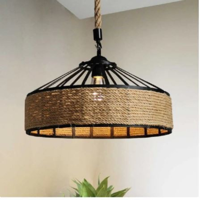 HomesElite Tokri Shaped Iron Vintage Loft Ceiling Lamp Chandelier Rustic Hemp Rope Metal Candlestick Pendant Chandelier Ceiling Lamp(Beige)