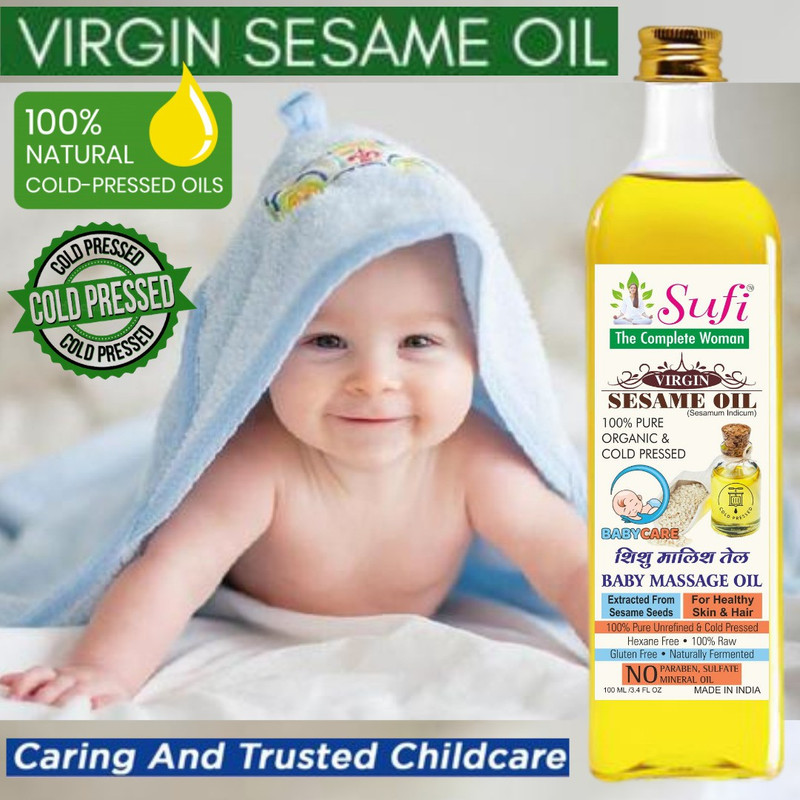 sufi 100% Pure White Sesame cold pressed baby massage oil is chemical free. Virgin White SESAME Baby Massage Oil. Organic ! Cold Press ! White Sesame oil is one of the best oils for baby massage and is known to balance Vata dosha. It is rich in linoleic acid, has anti-bacterial, anti-inflammatory an